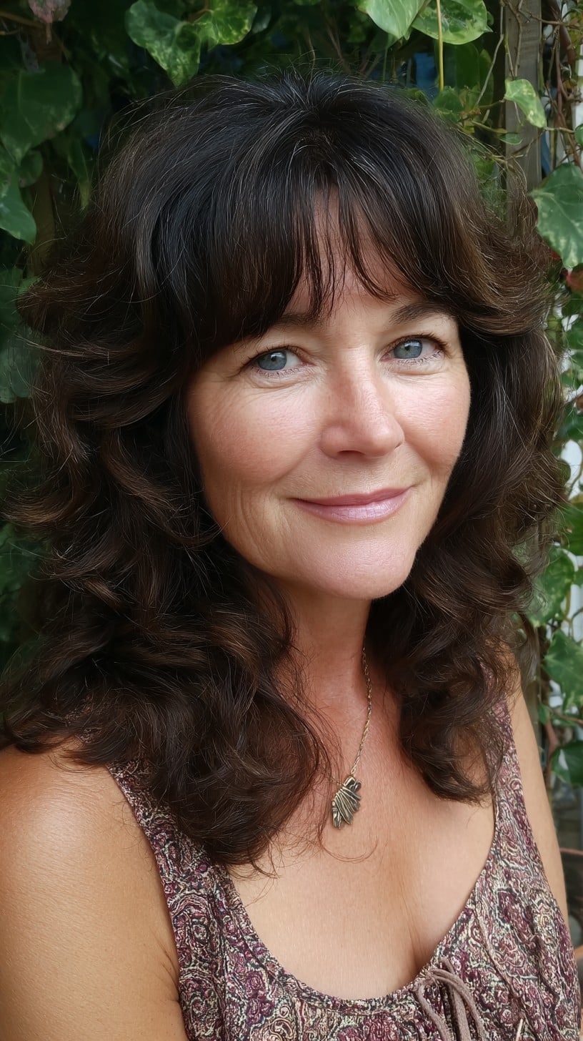 Brunette Mid-Length Layered Cut with Rounded Fringe and Root Depth