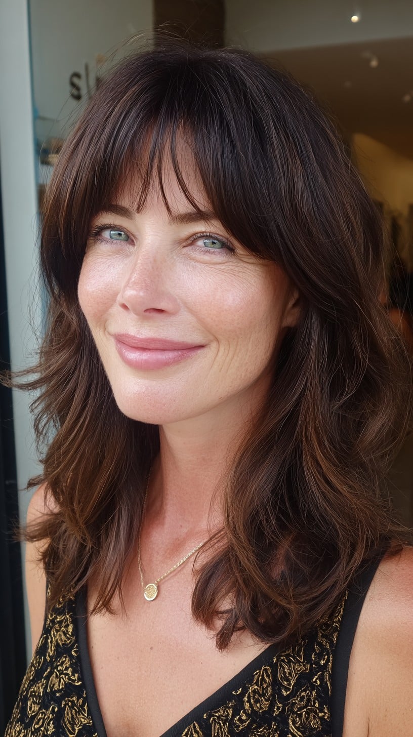 Brunette Mid-Length Shag with Tapered Micro Curtain Fringe