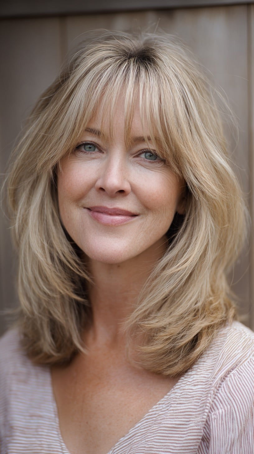 Brushed-Forward Blonde Collarbone Lob with Sheer Curtain Bangs