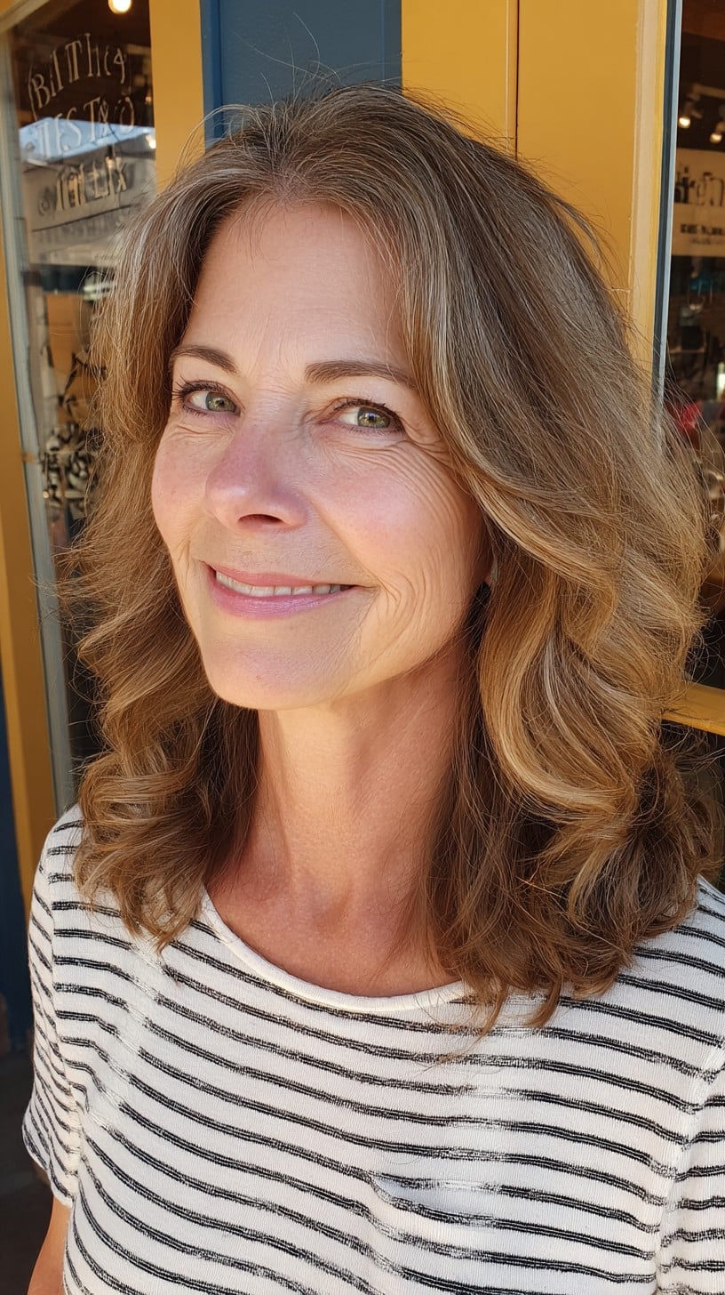 Brushed-Out Bronde Shoulder-Length Layers with Subtle Temple Gray Halo