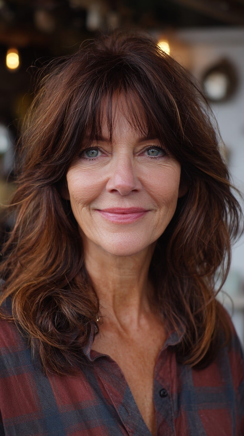 Brushed-Out Brunette Shag with Wispy Center-Opening Curtain Bangs