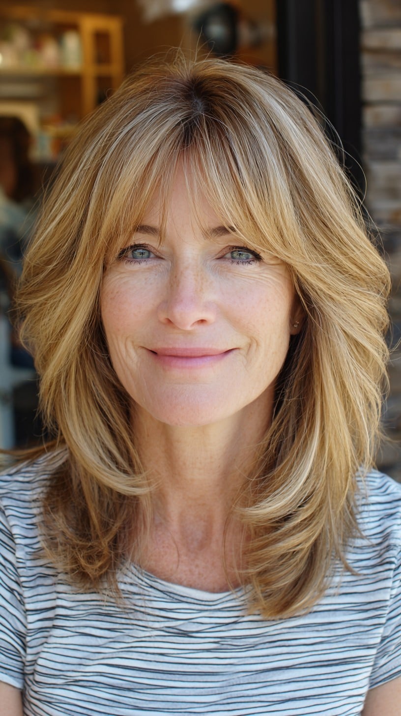 Buttery Blonde Layered Lob with Feathered Brow-Framing Fringe