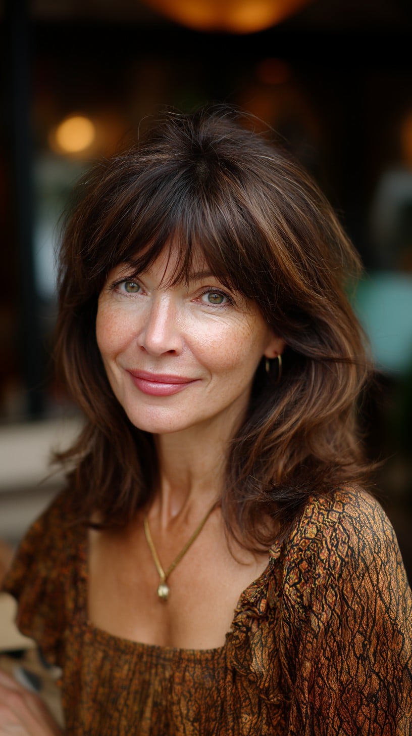 Café Brunette Mid-Length Layers with Wispy Brow-Framing Fringe