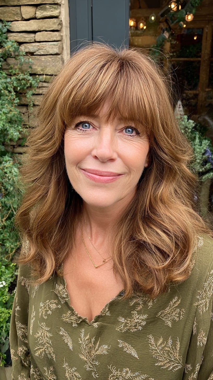 Caramel Face-Framing Lob with Textured Curtain Fringe and Root Shadow