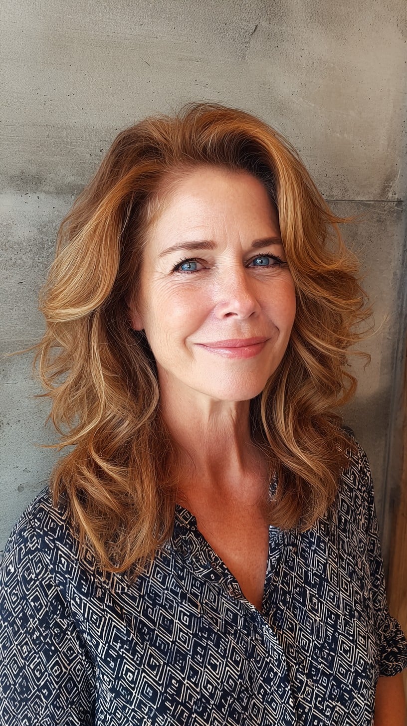 Caramel Face-Framing Mid-Length Layers with Voluminous Feathered Ends
