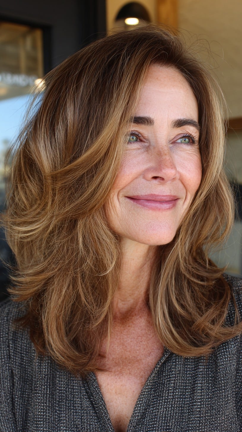 Caramel Face-Framing Mid-Length Layers with Soft Root Shadow
