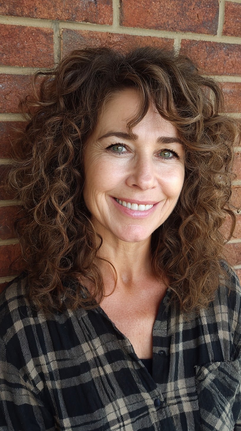 Cascading Chestnut Ringlet Layers with Short Wispy Fringe