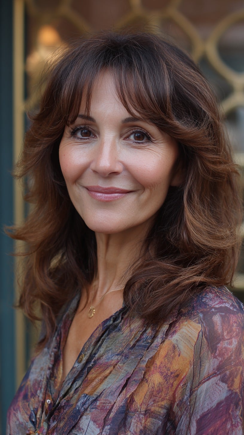 Chestnut Face-Framing Feathery Layers with Curtain Fringe and Root Smudge