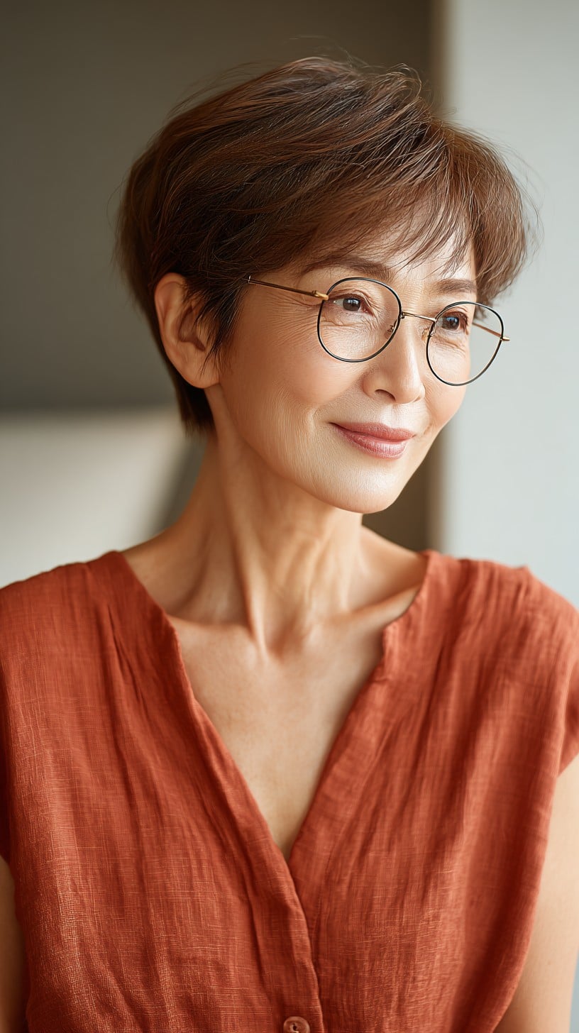 Chestnut Pixie with Glasses-Friendly Feathered Fringe