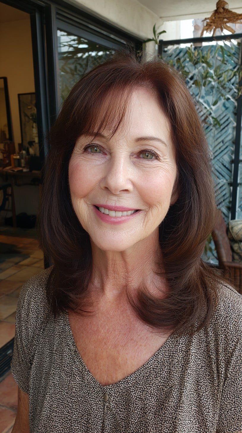 Chestnut Rounded Medium-Length Cut with Soft Micro-Bangs