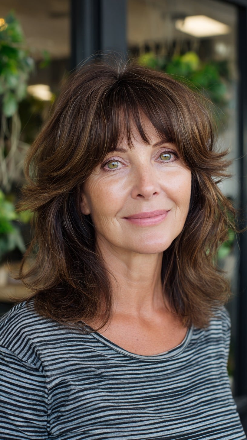 Chestnut Shag Shoulder-Grazing Layers with Wispy Curtain Bangs