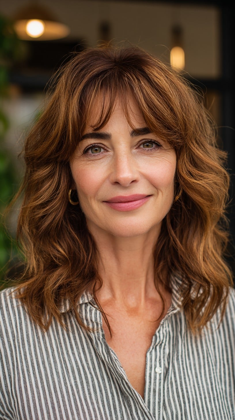 Chestnut Shoulder-Grazing Waves with Wispy Micro Curtain Bangs