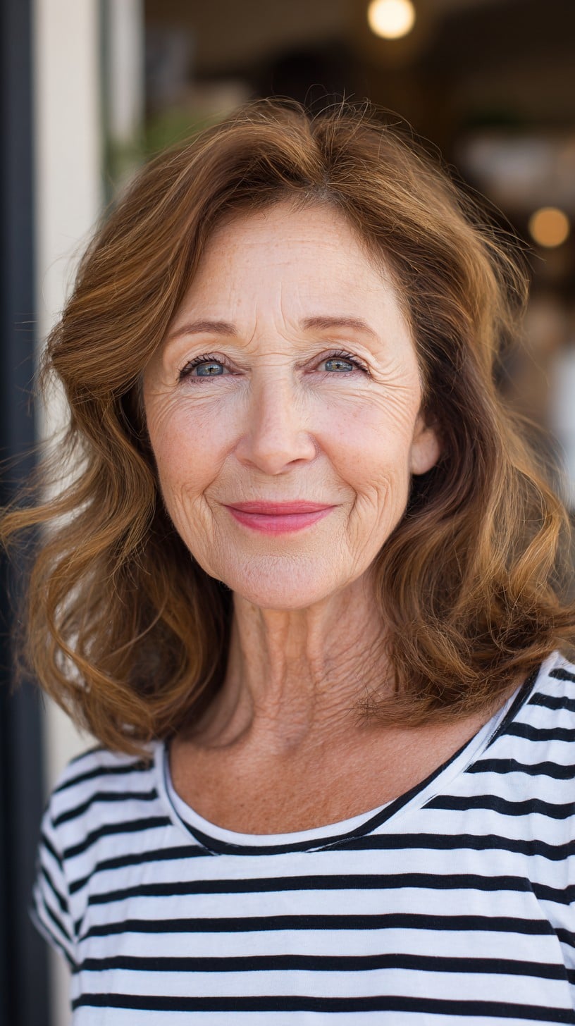Chestnut Shoulder-Length Lob with Subtle Root Shadow and Face-Framing Waves