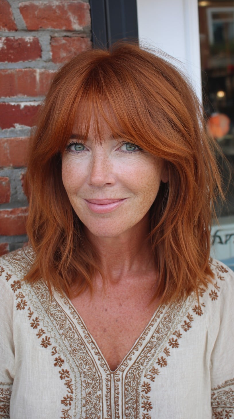 Copper Lob with Airy Face-Framing Fringe