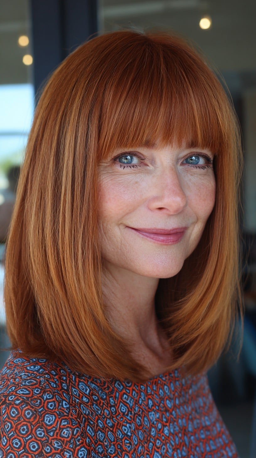 Copper Mid-Length Lob with Rounded Layers and Brow-Skimming Fringe
