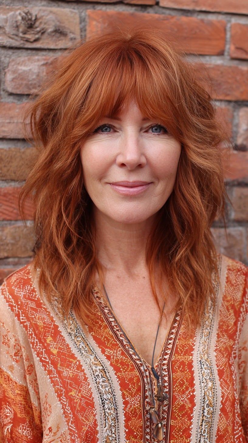 Copper Textured Shoulder-Length Shag with Soft Curtain Fringe