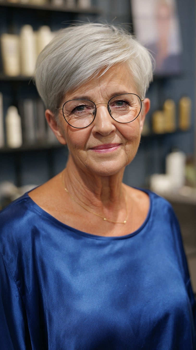 Crisp Ash-White Pixie with Eye-Grazing Side Fringe and Soft Crown Graduation
