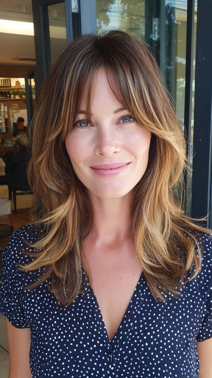 Espresso Balayage Curtain Fringe with Feathered Mid-Chest Layers