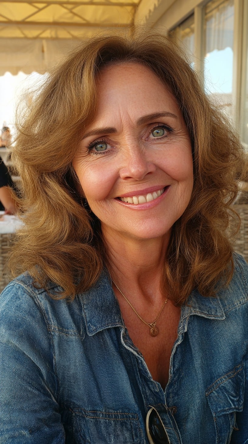 Feathered Medium-Length Warm Chestnut Layers with Flipped Ends