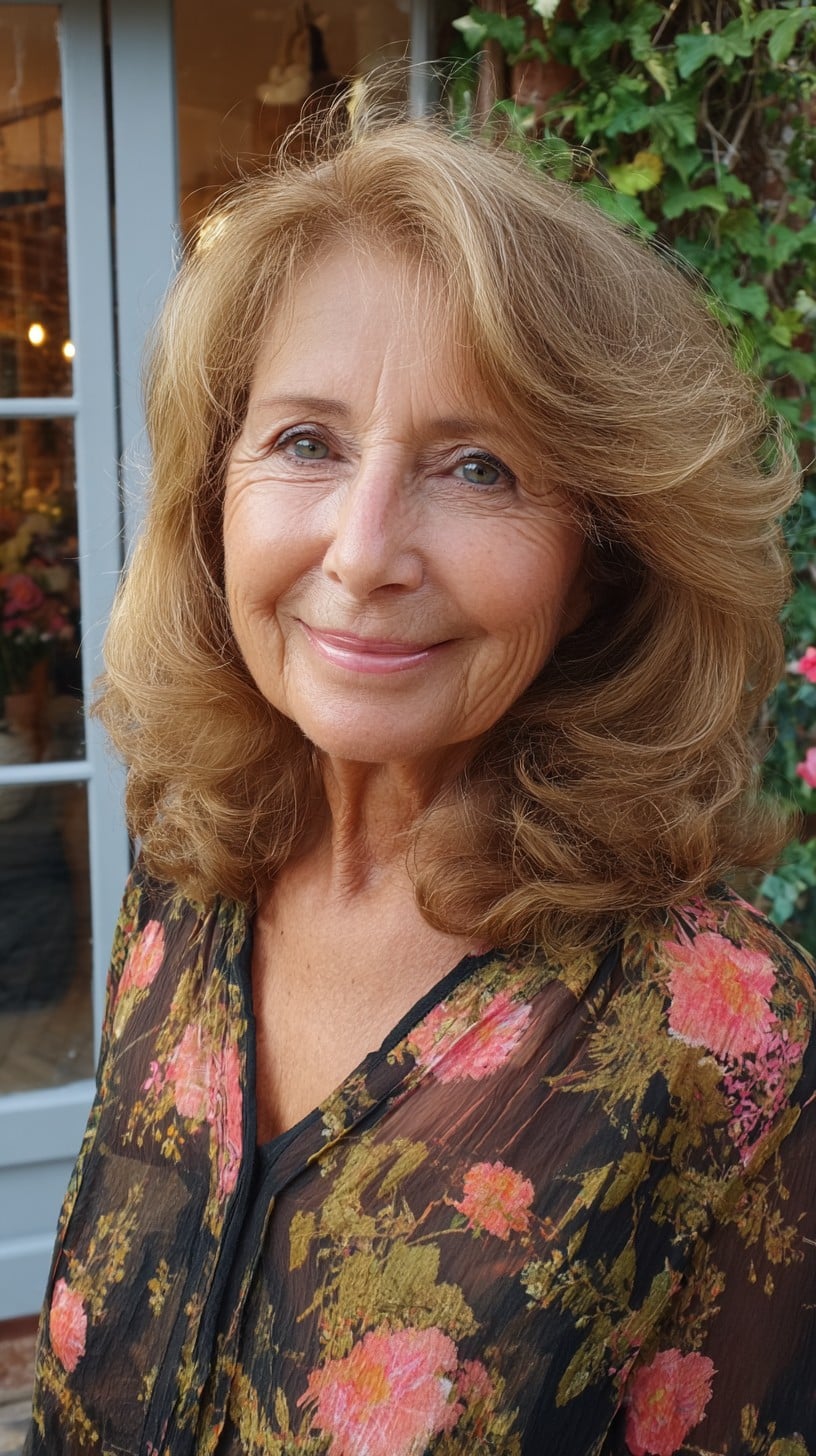 Golden Rounded Mid-Length Blowout with Crown Lift and Soft Face-Framing