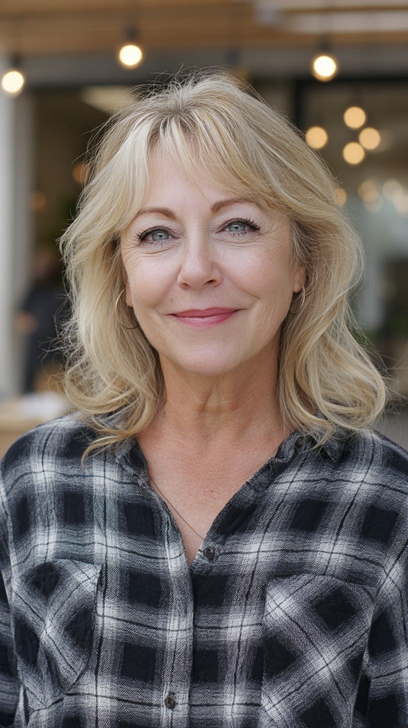 Light Blonde Shoulder-Length Shag with Feathered Curtain Fringe