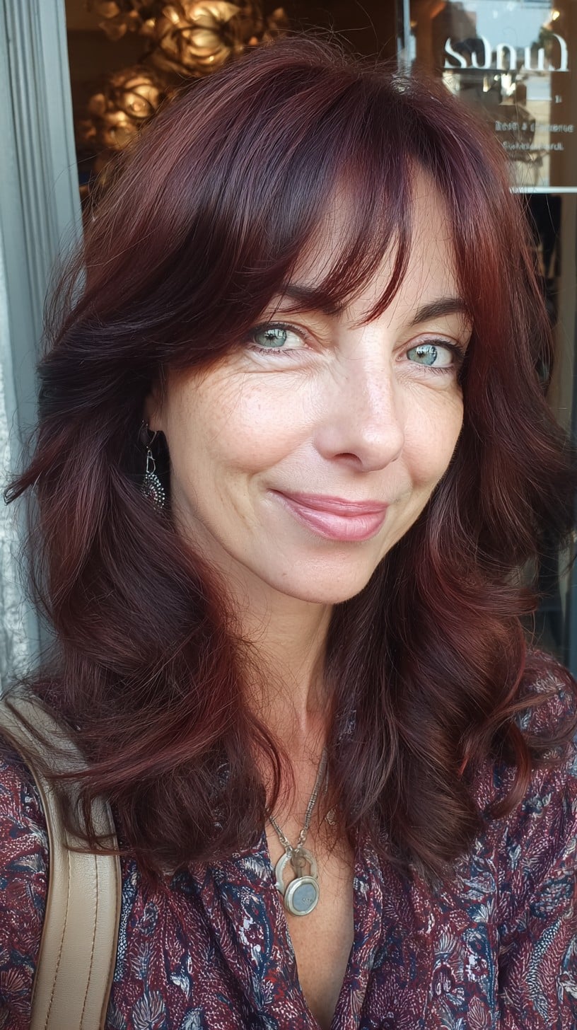 Mahogany Face-Framing Layers with Wispy Curtain Fringe