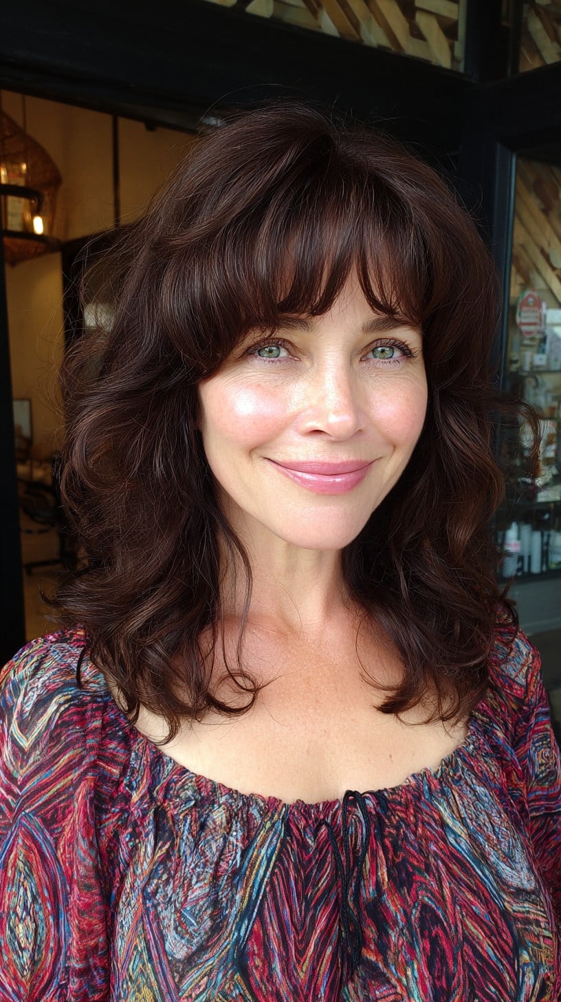Medium Chestnut Waves with Rounded Short Fringe and Lifted Crown
