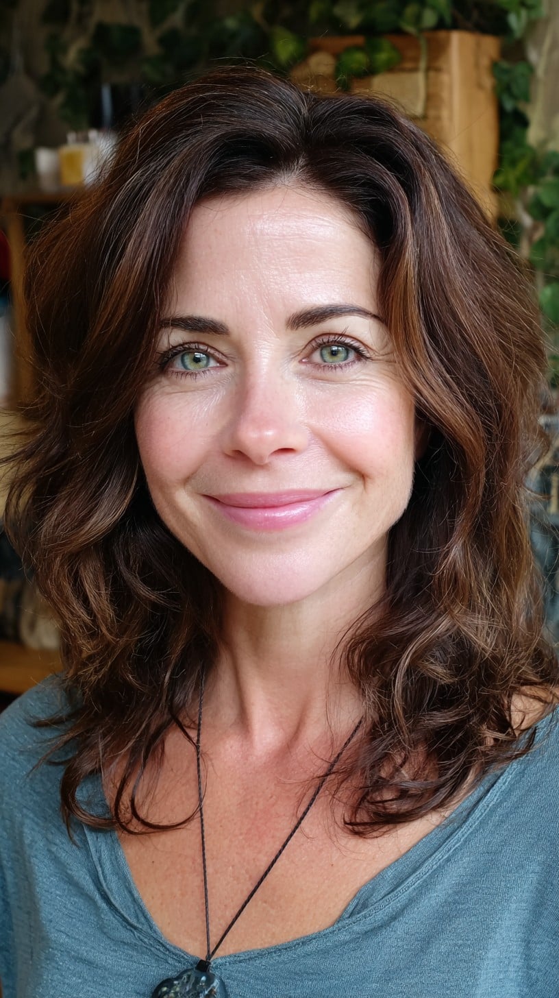 Medium-Length Softly Layered Shag with Curtain Part and Caramel-Flecked Depth
