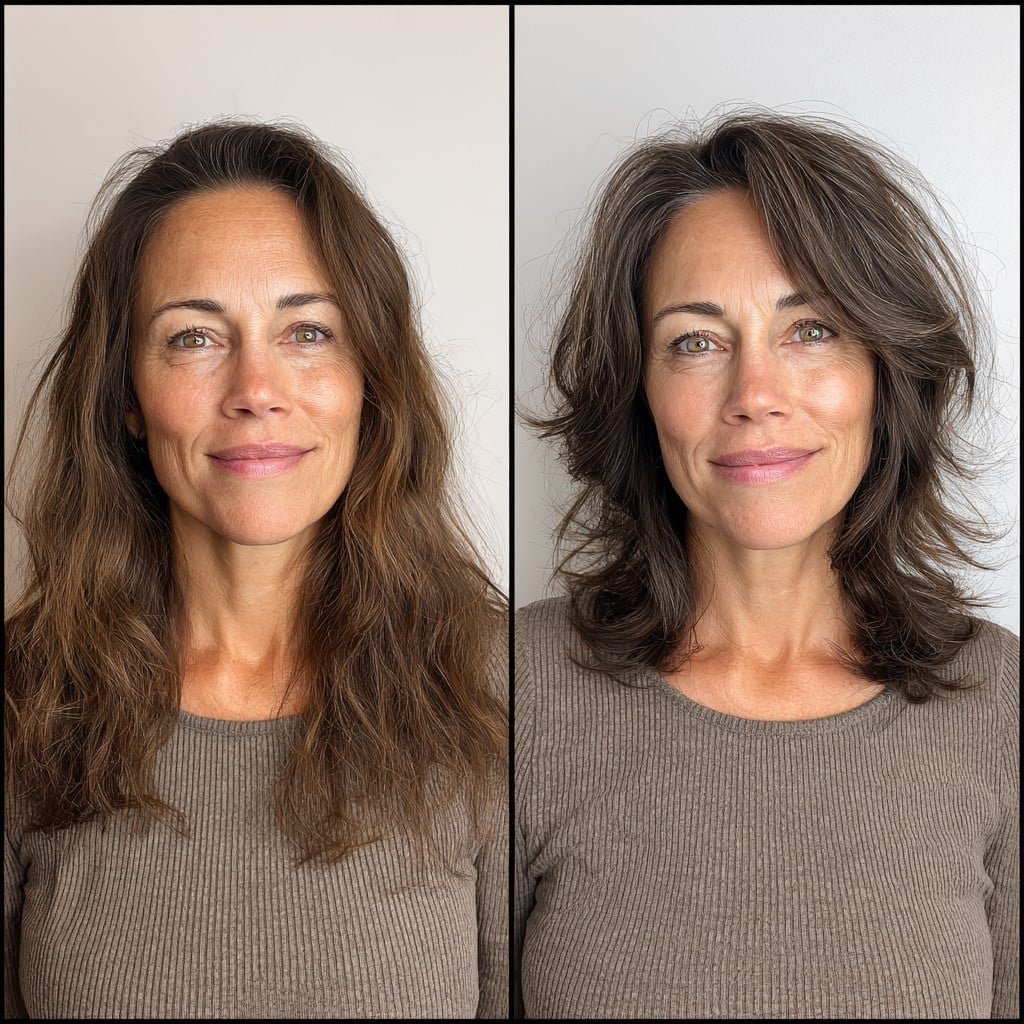 Mid-Length Feathered Cut with Lifted Curtain and Silver Peek