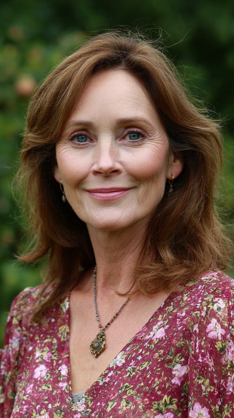 Natural Chestnut Shoulder-Length Layers with Low-Contrast Root Shadow and Eye-Framing Sweep