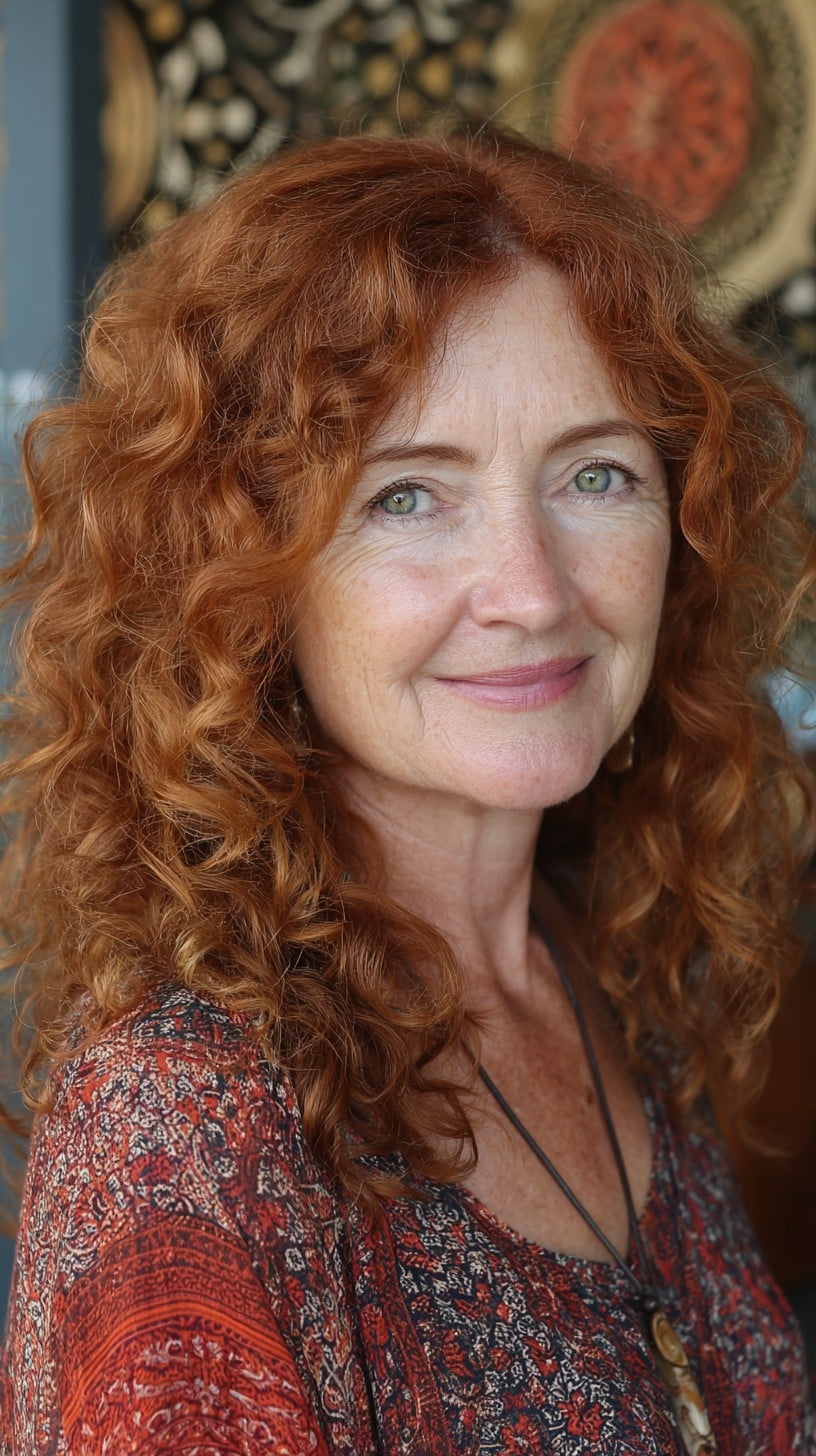 Natural Copper Mid-Length Curls with Short Curtain Fringe