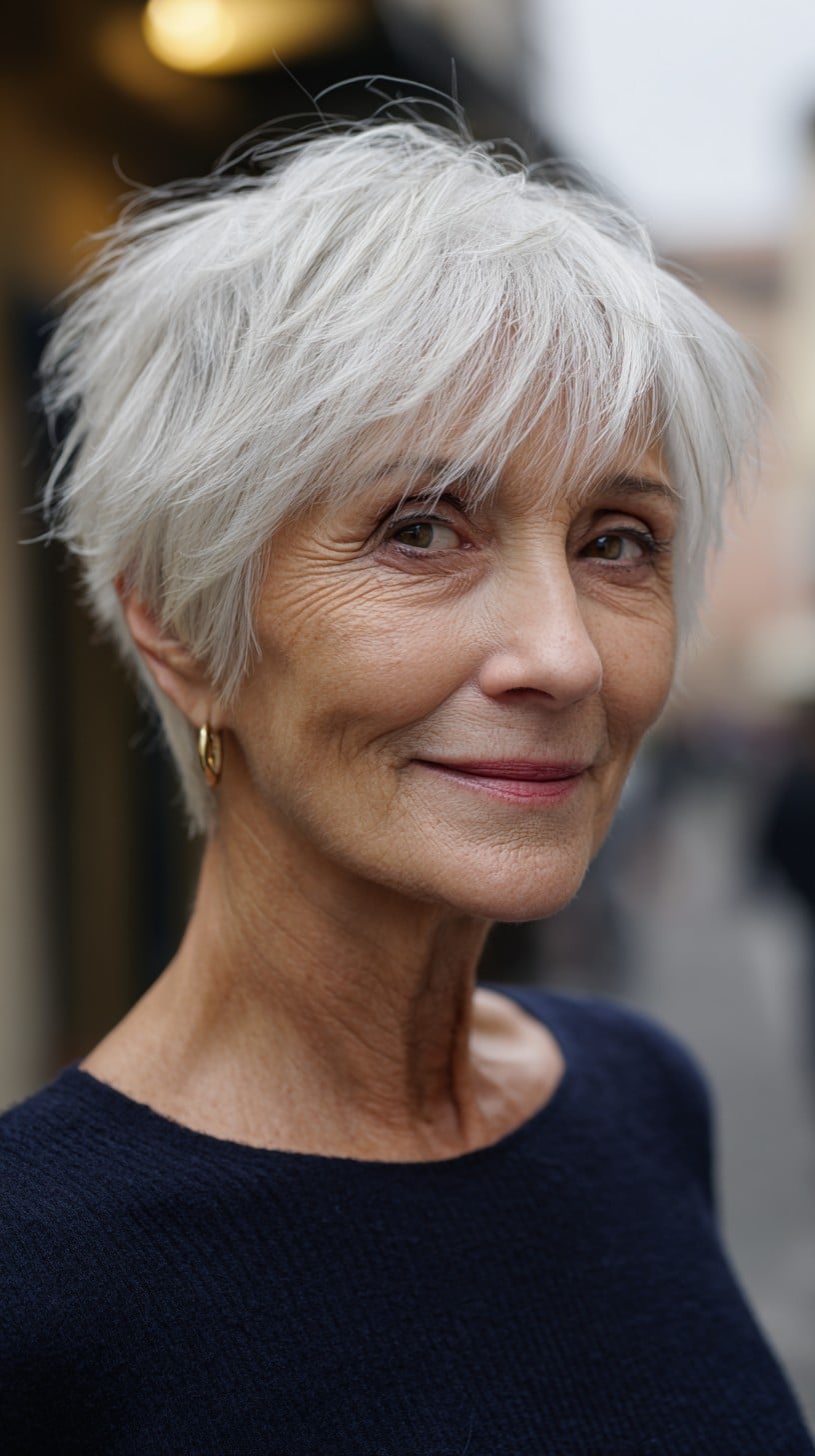 Platinum Layered Pixie with Side-Blended Fringe and Soft Taper