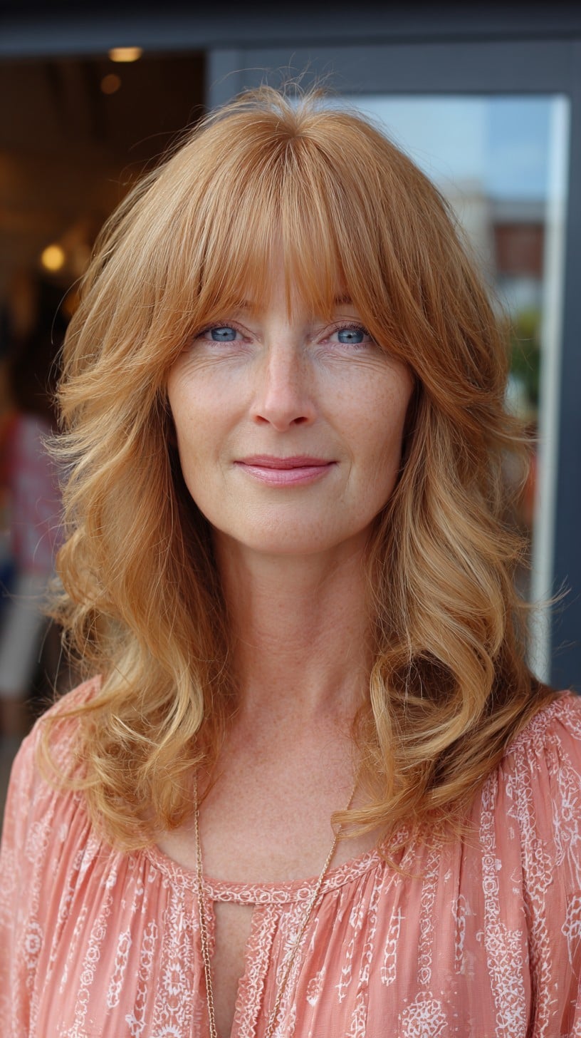 Red-Blonde Curtain Fringe with Feathered Shoulder-Grazing Layers and Crown Lift