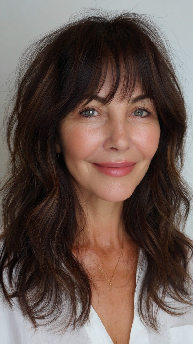 Relaxed Wavy Mid-Length Shag with Wispy Micro Curtain Fringe