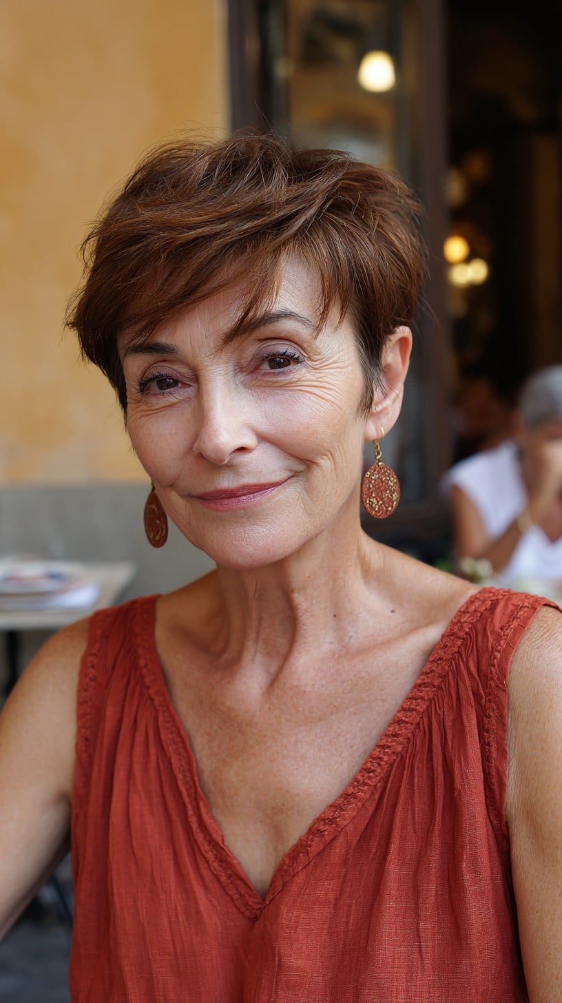 Rich Auburn Textured Pixie with Long Side-Swept Pieces