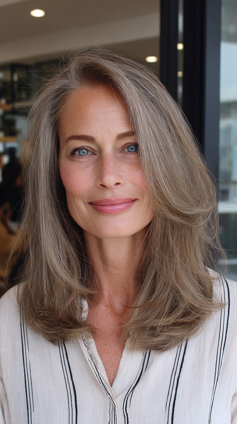 Rounded Shoulder-Grazing Layers in Ash Silver with Long Face-Framing Sweep