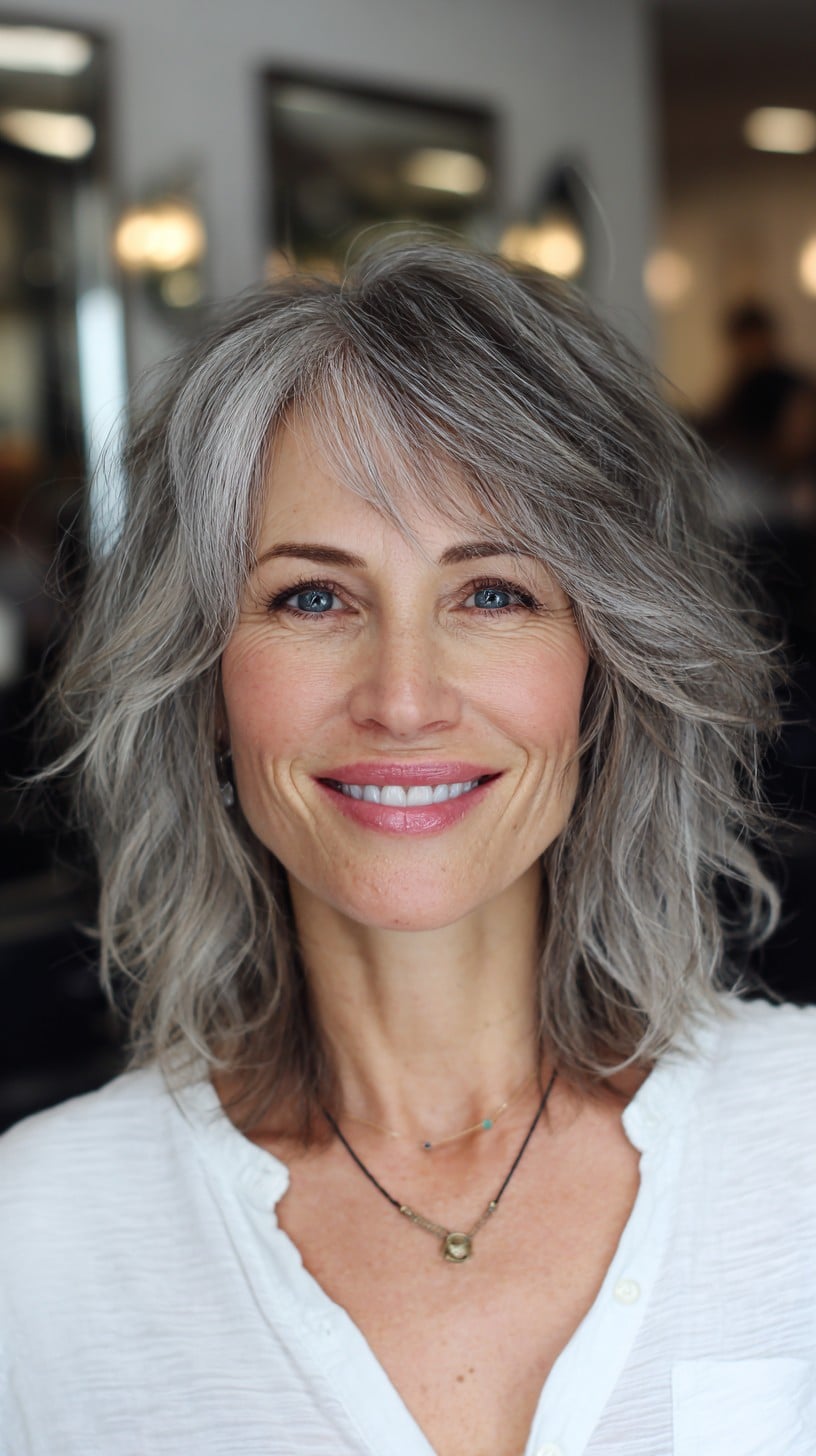 Salt-and-Pepper Mid-Length Layered Shag with Soft Side Fringe