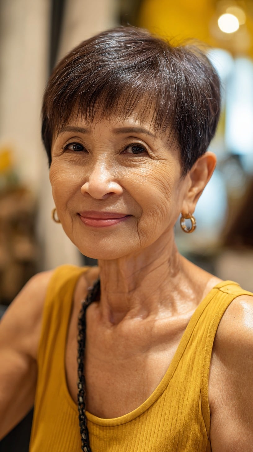 Short Brunette Pixie with Blended Micro-Bangs and Tapered Nape
