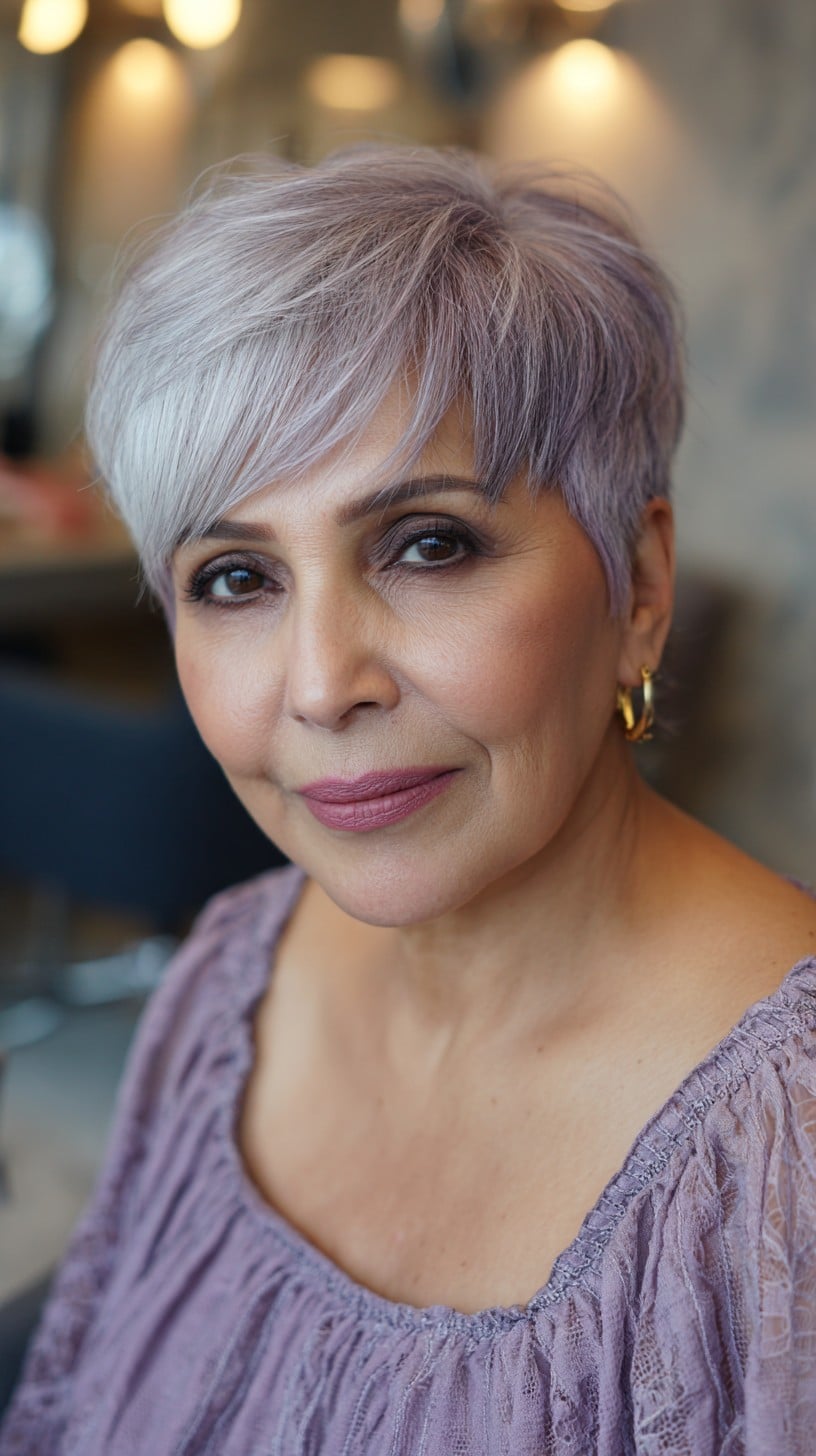 Silver-Lavender Pixie with Long Blended Side Fringe
