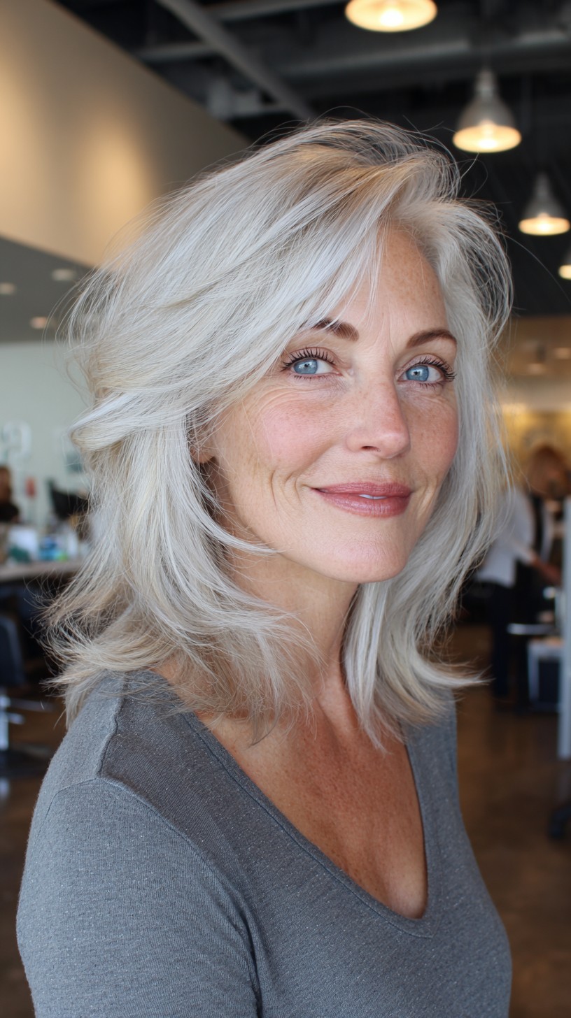 Silver Mid-Length Feathered Shag with Side-Swept Layers