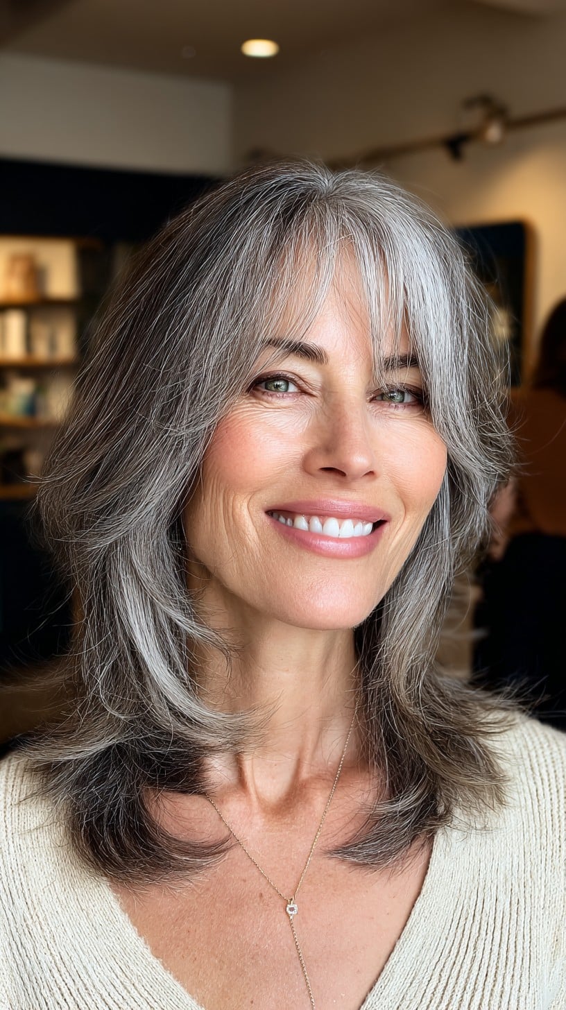 Silver Mid-Length Layered Cut with Face-Framing Bright Band