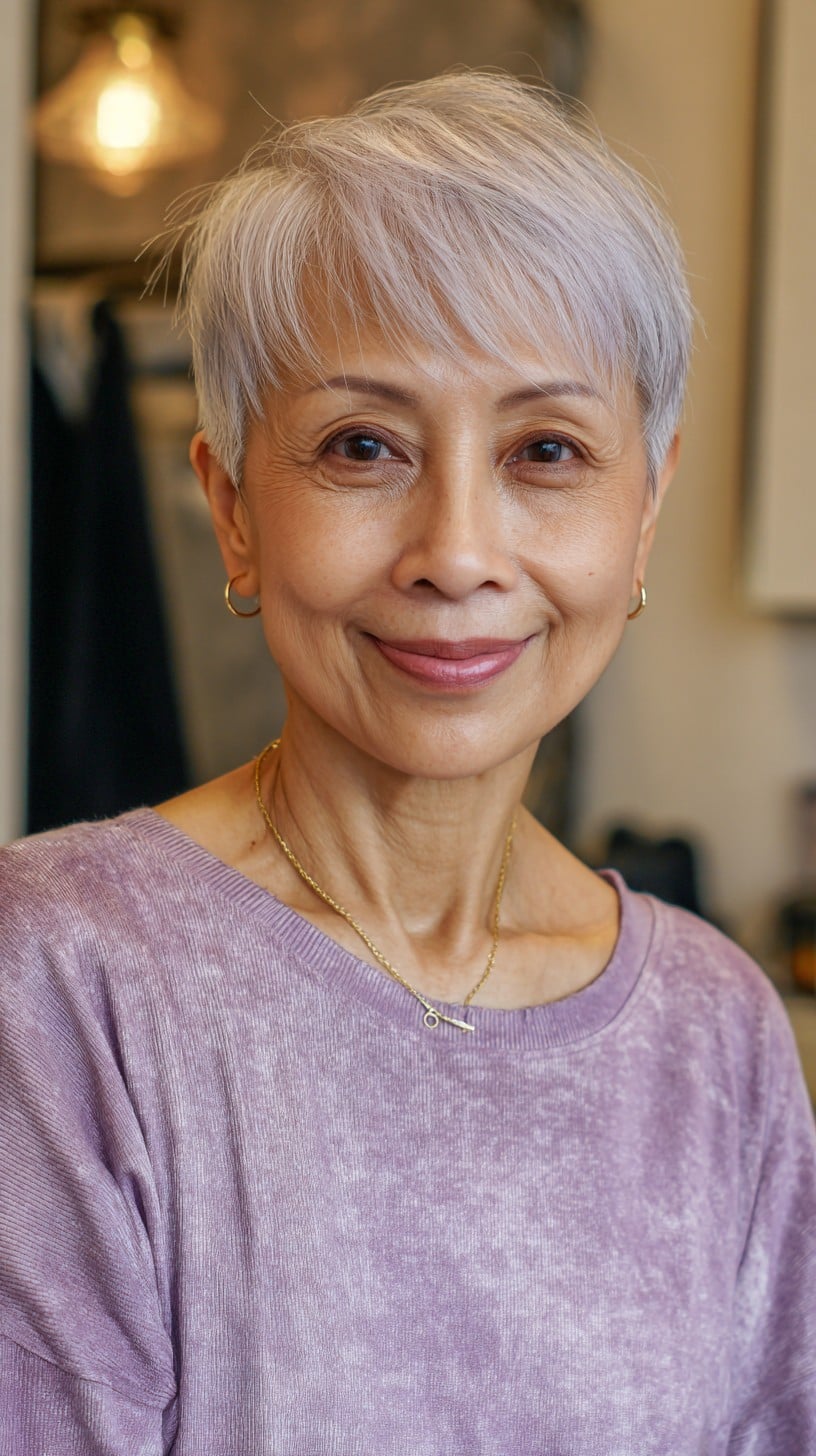Silver Pixie with Side-Swept Long Fringe and Crown Lift
