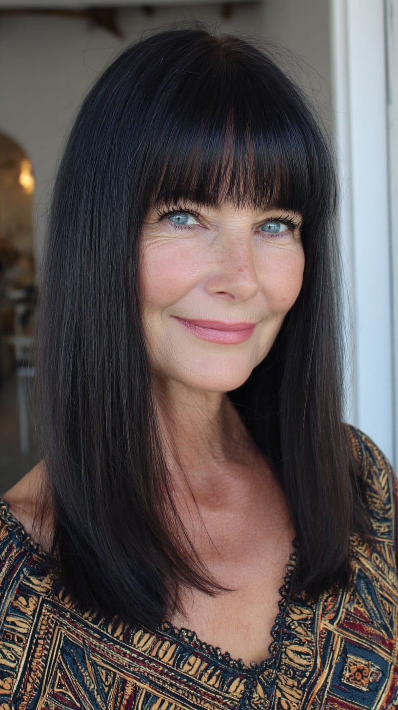Sleek Espresso Shoulder-Length Cut with Brow-Grazing Micro-Bangs