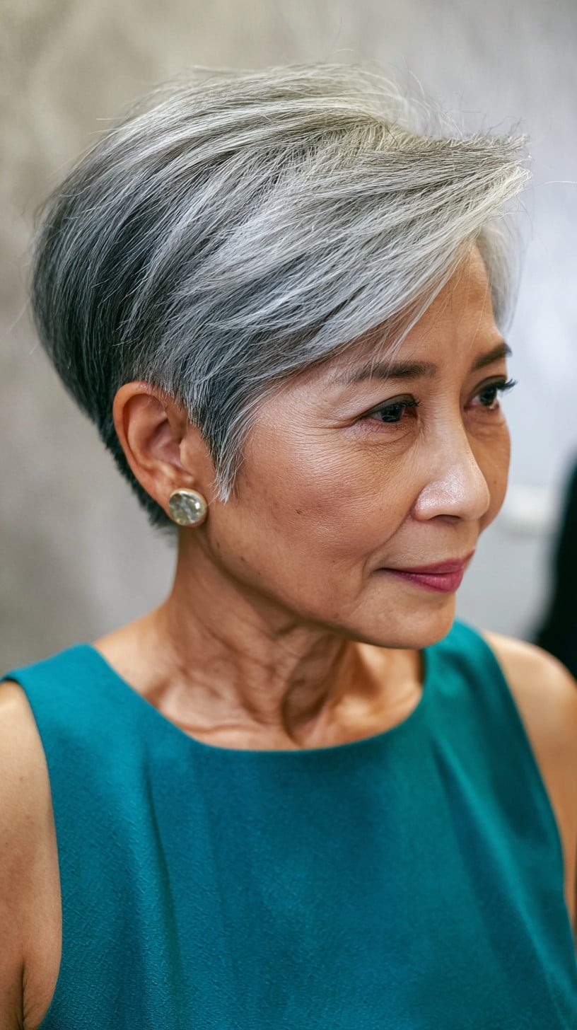 Sleek Silver Pixie with Extended Lateral Fringe and Tapered Nape