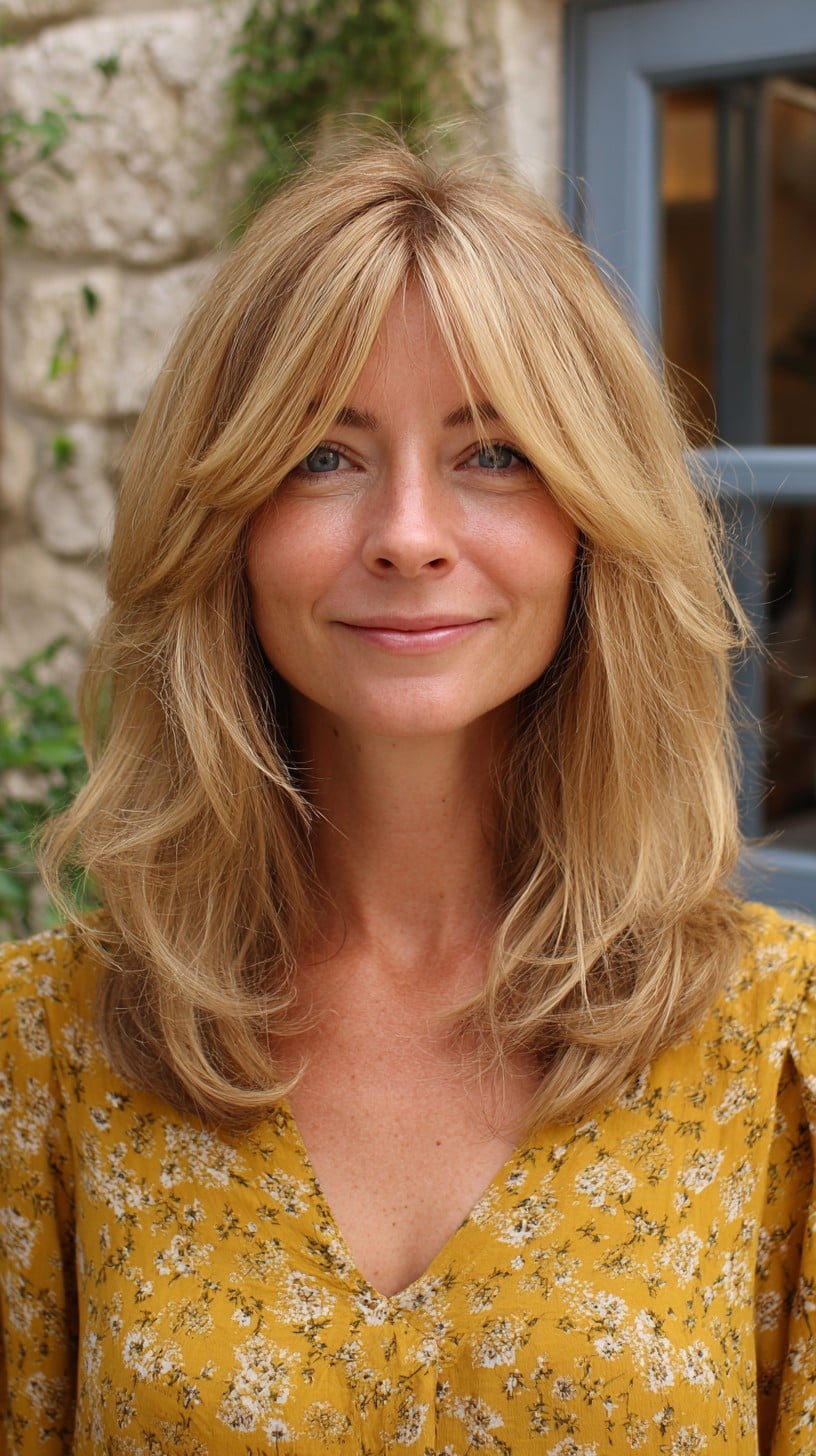 Soft Blonde Curtain Fringe with Face-Framing Scalloped Layers