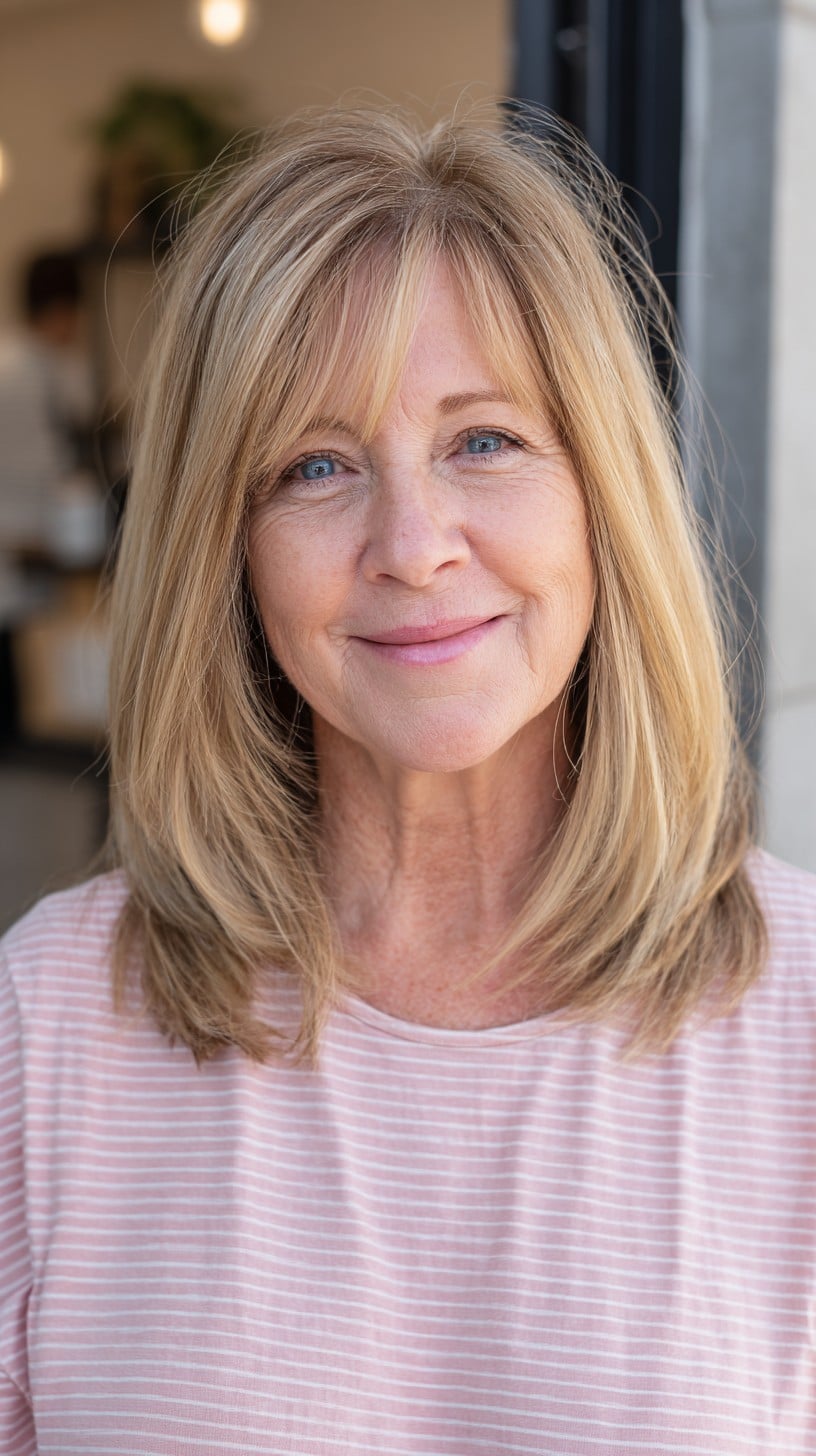 Soft Blonde Medium Layered Cut with Curtain Fringe and Crown Lift
