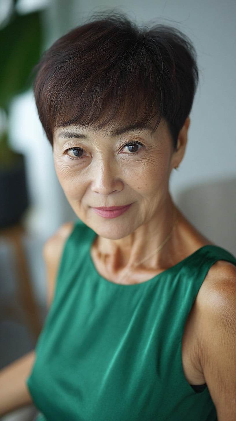 Soft Brown Micro-Pixie with Wispy Long Bangs
