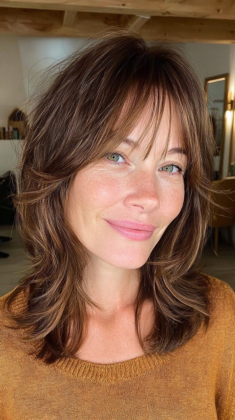 Soft Brunette Mid-Length Wolf Shag with Feathered Fringe