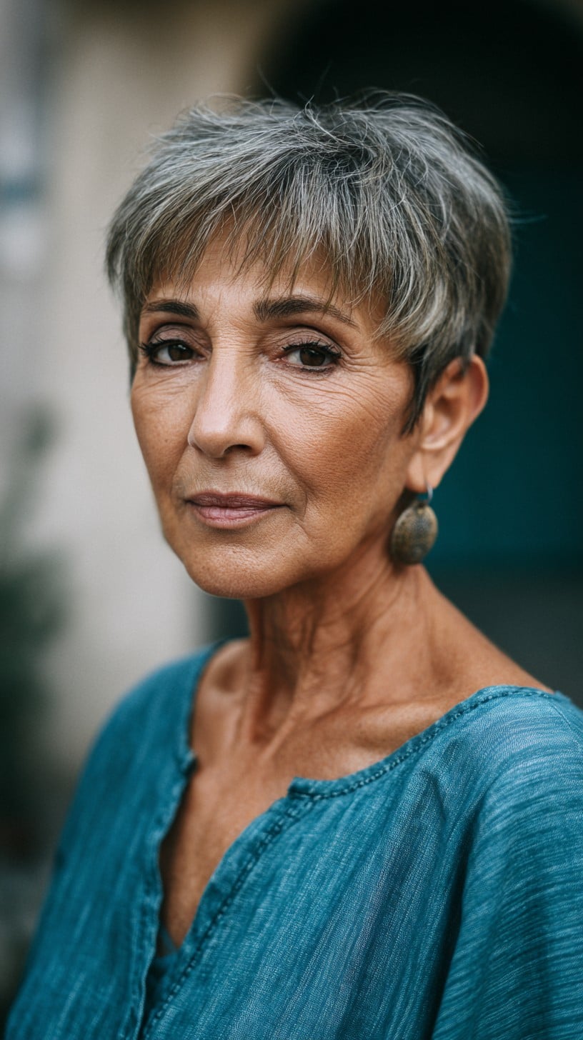 Soft Textured Grey Pixie with Micro Fringe and Crown Lift