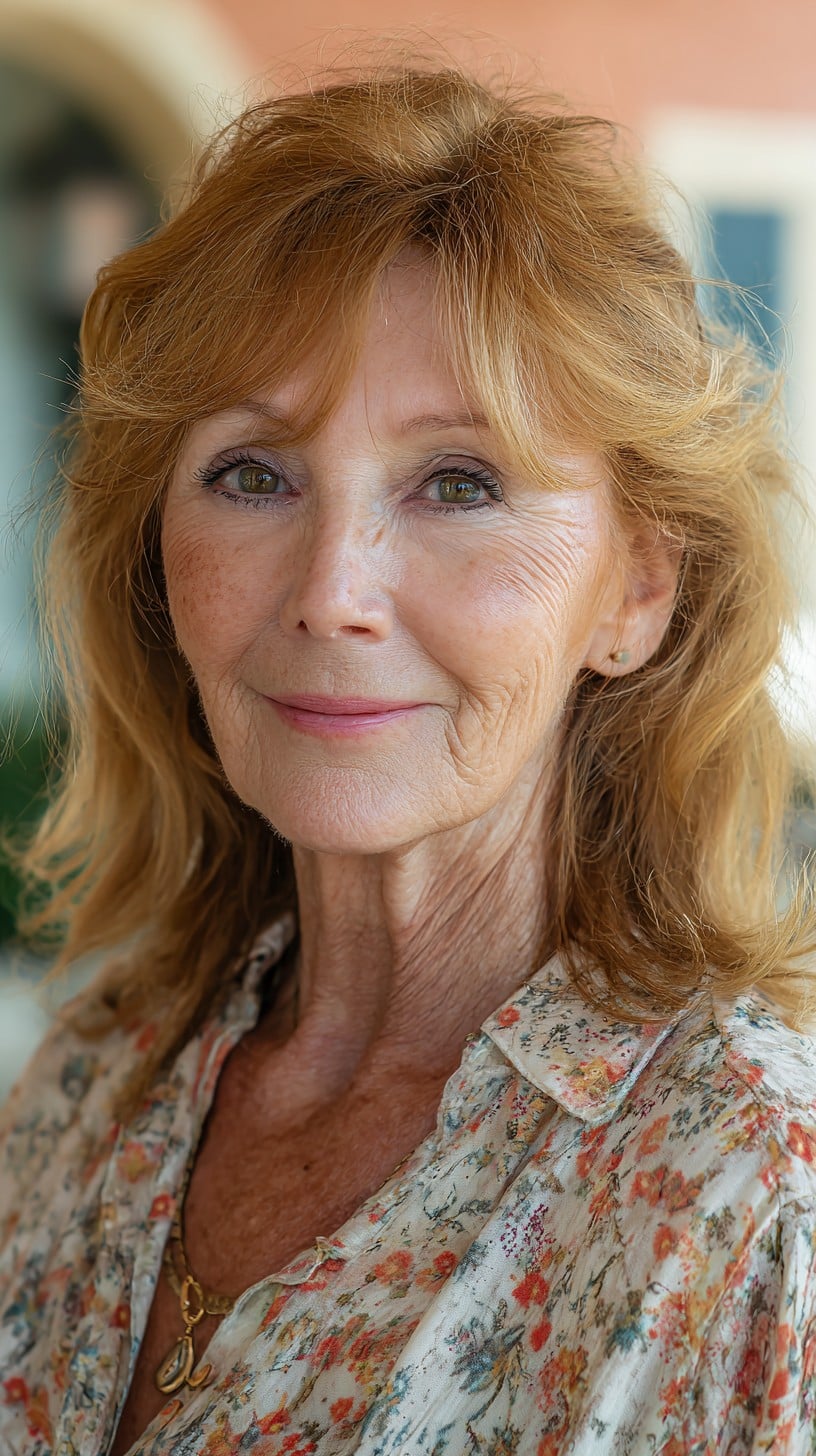Strawberry Blonde Medium-Length Feathered Layers with Soft Curtain Fringe